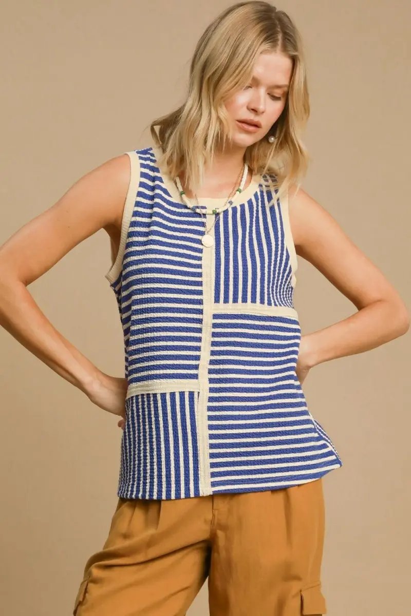 Umgee Round Neck Texture Striped Tank for Stylish Outfits - Love Salve